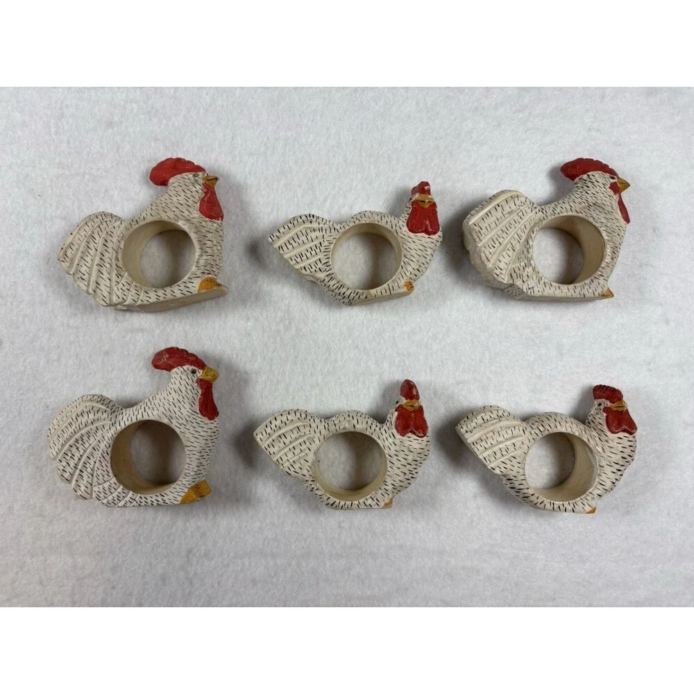 Set of 6 Hand Painted Wooden Chicken Napkin Rings Rooster Farmhouse Decor
